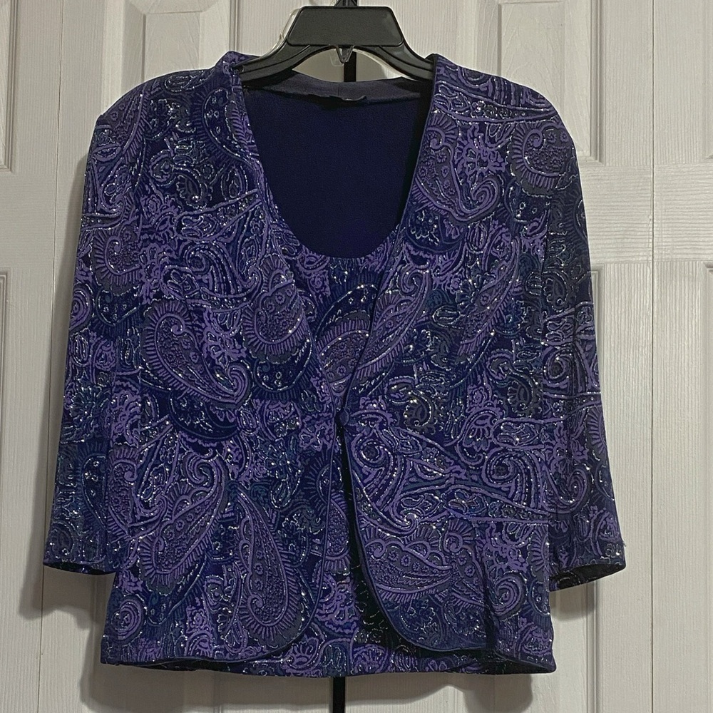 Onyx Nite festive purple blue & silver jacket & top shirt blouse size LARGE